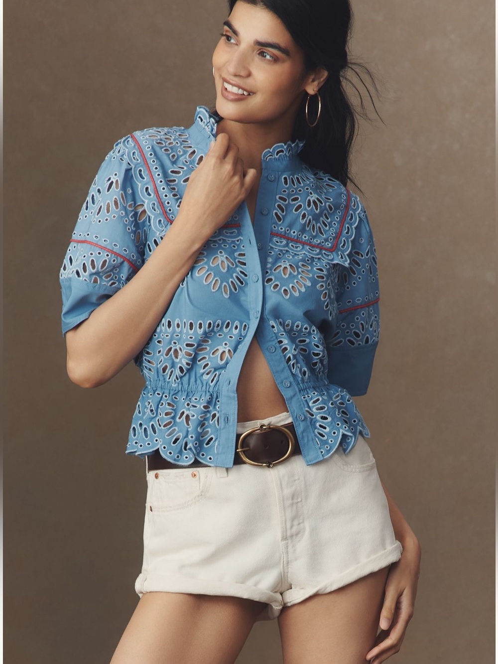 Anthropologie Coastal Scalloped Peplum Eyelet Blouse NWT Medium Blue - Picture 1 of 11